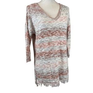 Natural Reflections Lightweight Fringe Sweater V-Neck Rust Tan Cream Size Medium